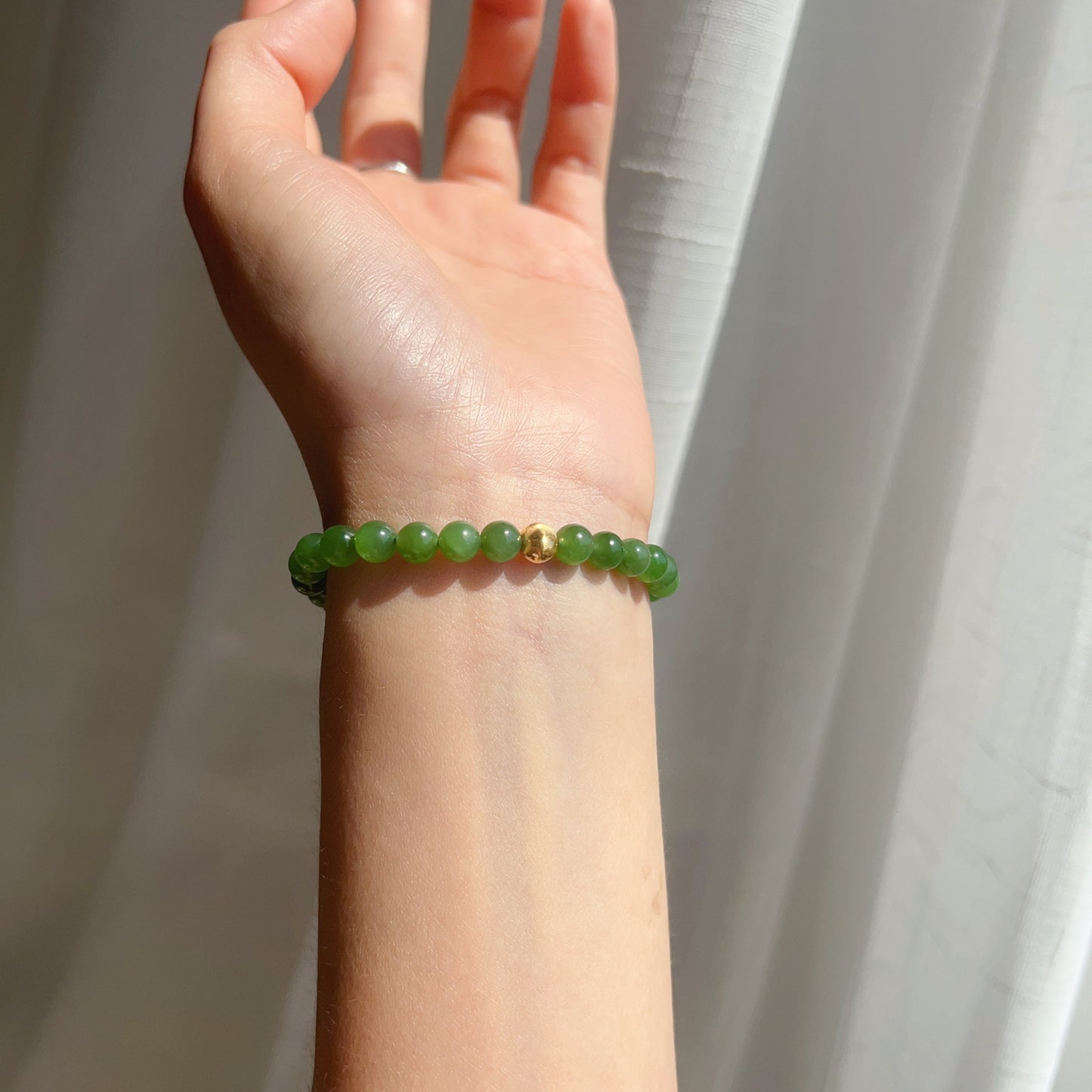 Best Green Nephrite Jade Bracelet With 18K Yellow Gold Cat Eye Bead | Natural Heart Chakra Healing Stone Jewelry