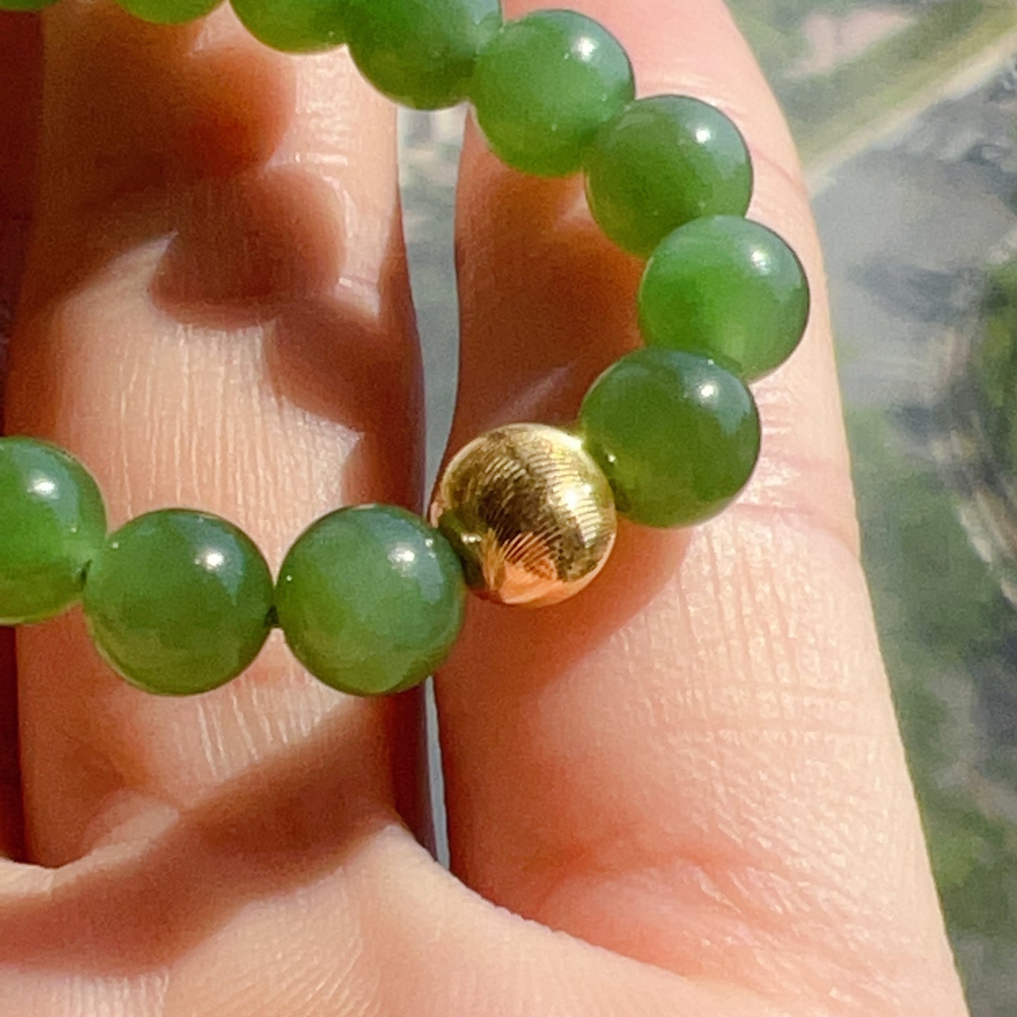 Best Green Nephrite Jade Bracelet With 18K Yellow Gold Cat Eye Bead | Natural Heart Chakra Healing Stone Jewelry