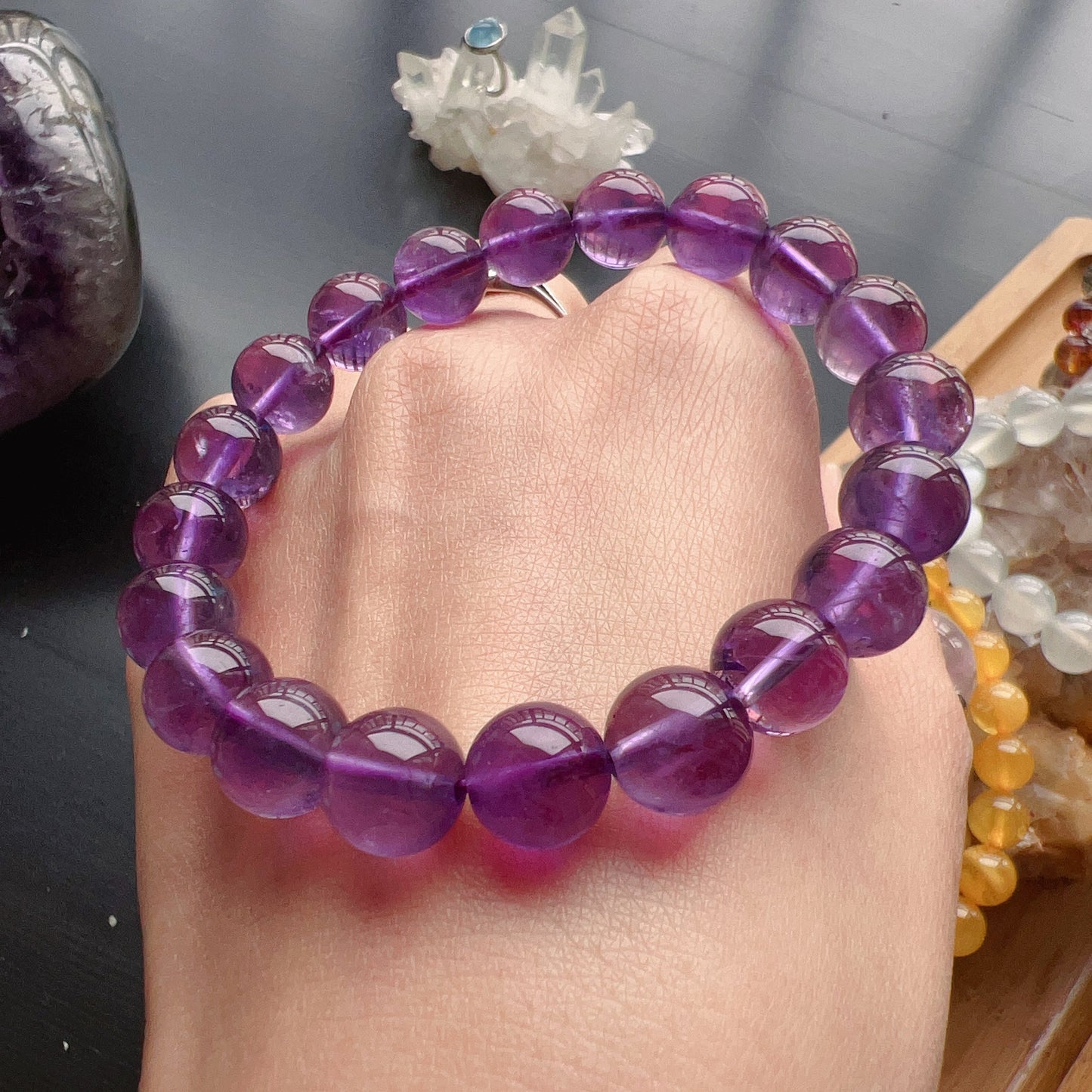 10Mm Natural Amethyst Healing Crystal Bracelet | Crown Third Eye Chakra Reiki Healing | Uplift Brainwork