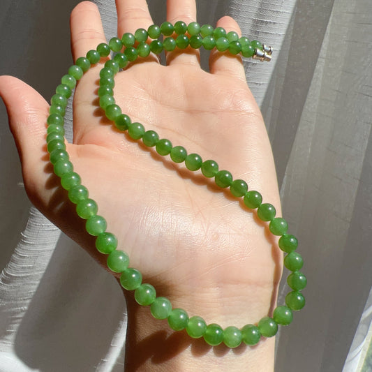 Premium Green Nephrite Jade Beaded Necklace With 925 Sterling Silver Clasp | Natural Heart Chakra Healing Stone Jewelry