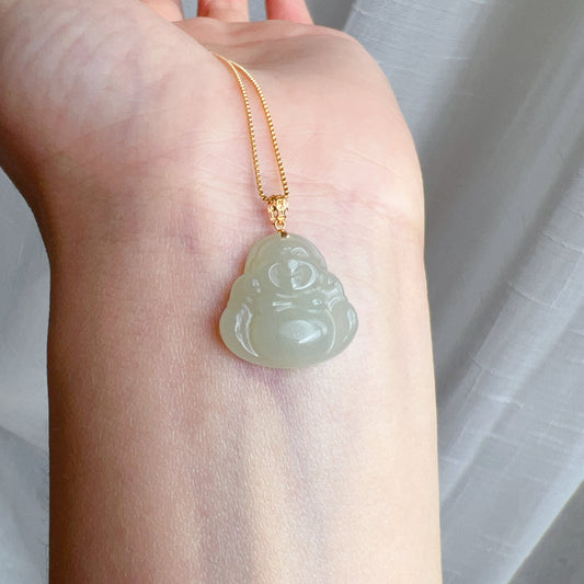 High-Quality Light Green Nephrite Jade Happy Buddha Pendant With 18K Yellow Gold Buckle | 925 Sterling Silver Necklace | Heart Chakra Healing Gemstone