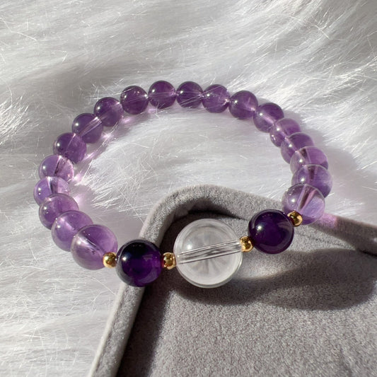 Custom-Made Amethyst & Clear Quartz Bracelet With 18K Yellow Gold | Natural Healing Stone For Crown Chakra Meditation