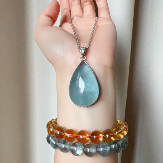 Aquamarine Pendant Necklace – Natural Water-Drop Shape Throat Chakra Healing Crystal In 925 Sterling Silver