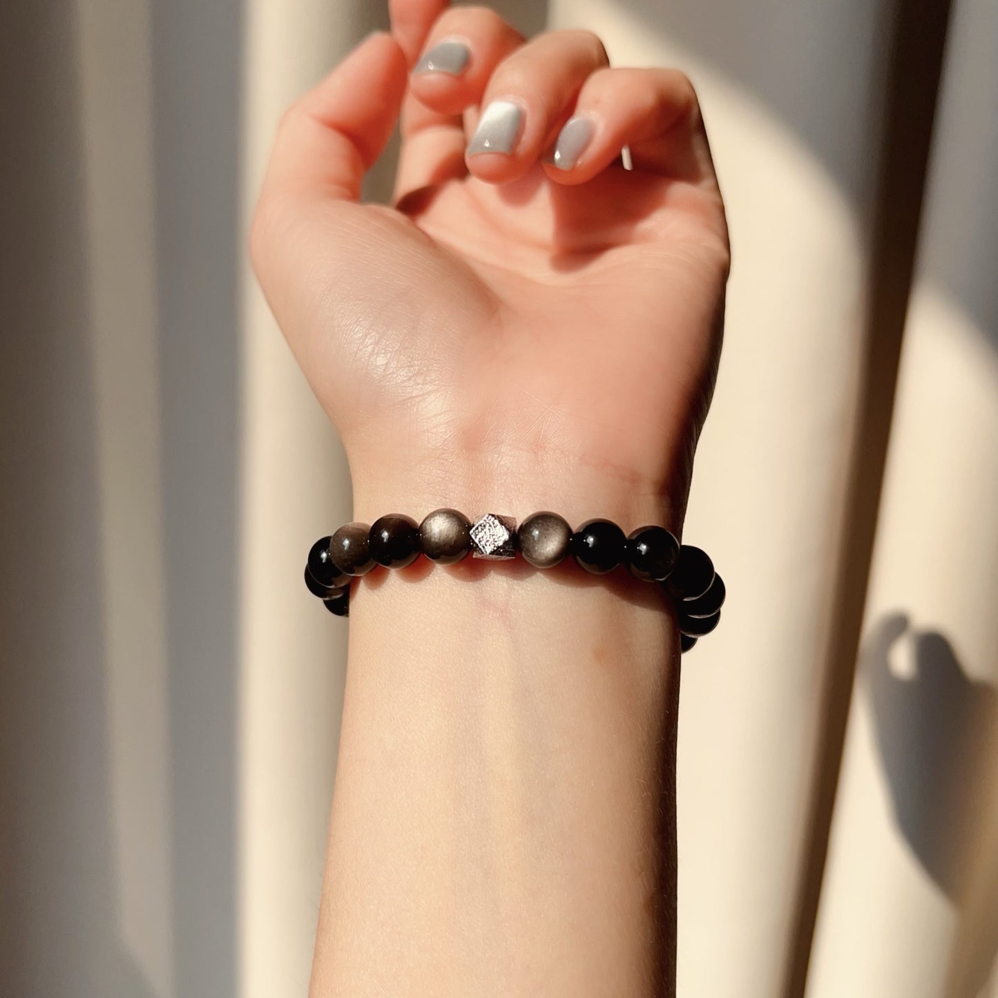 Natural Altai Tektite Octagonal Balancing Cosmic Energy: Handcrafted Silver Sheen Obsidian Bracelet For Mindfulness & Protection