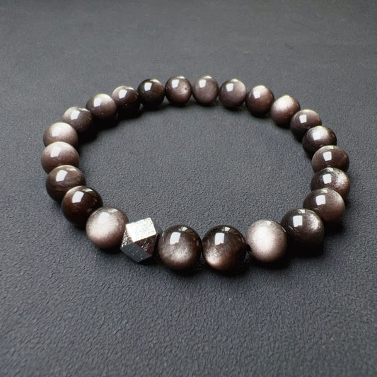 Natural Altai Tektite Octagonal Balancing Cosmic Energy: Handcrafted Silver Sheen Obsidian Bracelet For Mindfulness & Protection