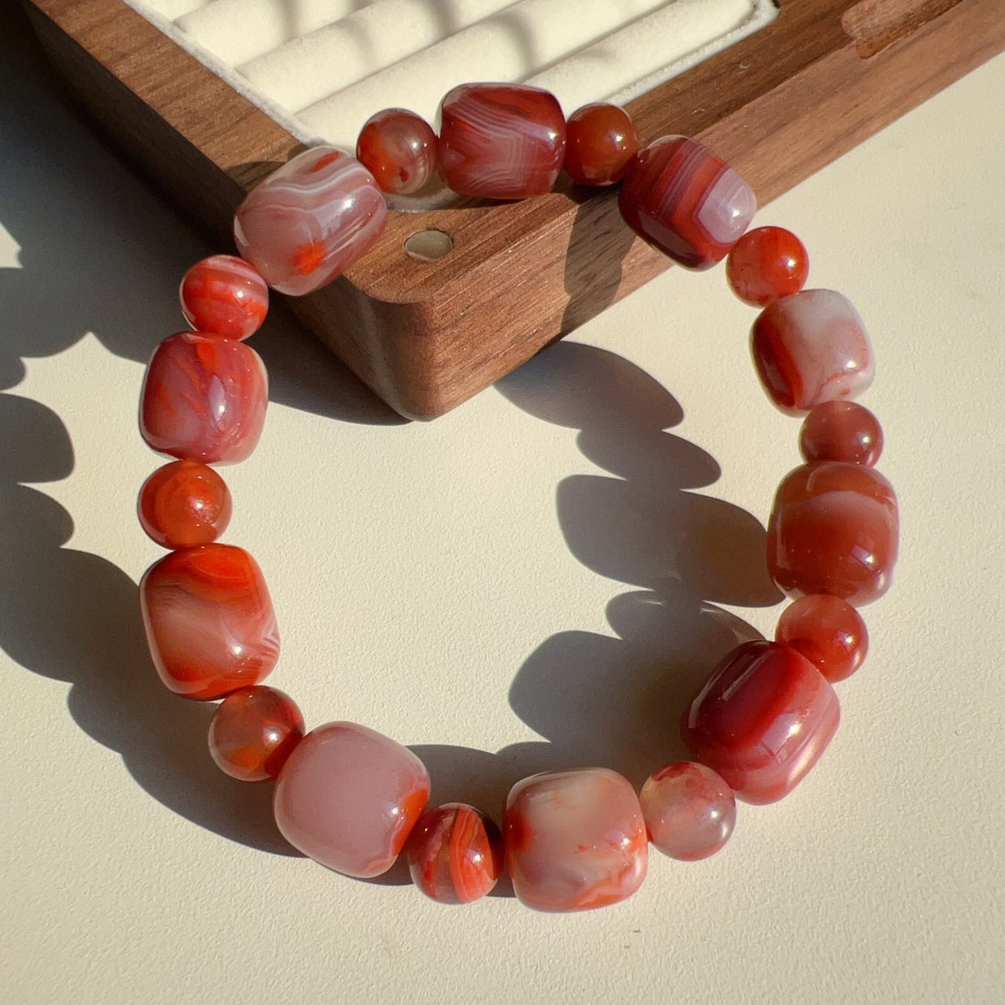 Natural Nanhong Agate Barrel Beads Bracelet | Stone Of Strength | Root Chakra Healing Stone Jewelry