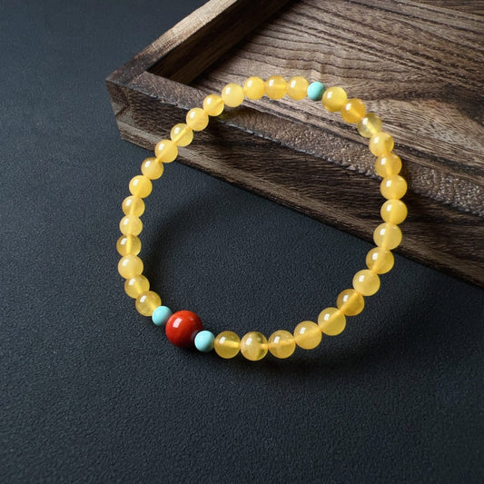One-Of-A-Kind Amber Bracelet With Turquoise And Nanhong Agate – Handmade Jewelry