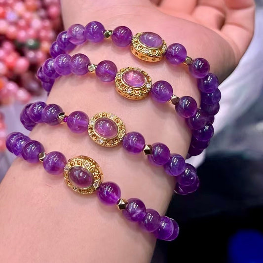 8Mm+ Natural Amethyst Bracelet With Oval Pandora Box – Handcrafted Crystal Protection Jewelry