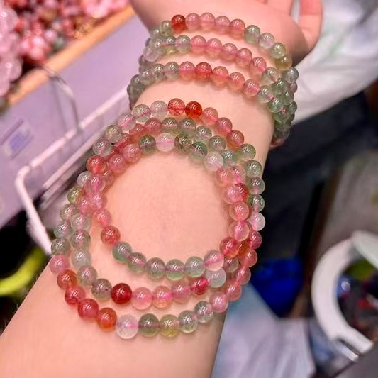 6.5Mm+ Red And Green Strawberry Quartz 3-Wrap Bracelet – Emotional Healing And Love Energy Jewelry