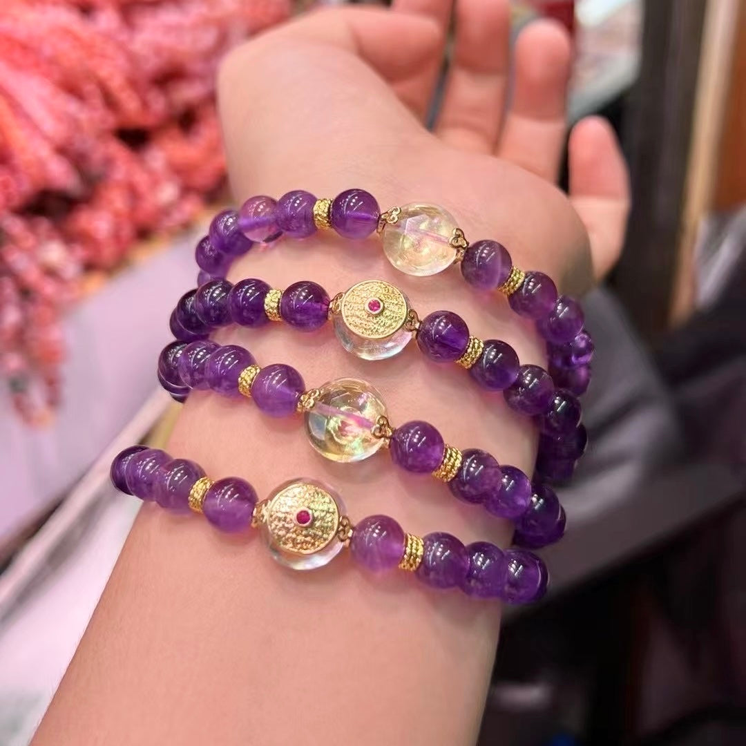 8Mm+ Natural Amethyst And Clear Quartz Charm Bracelet – Handcrafted Gemstone Jewelry