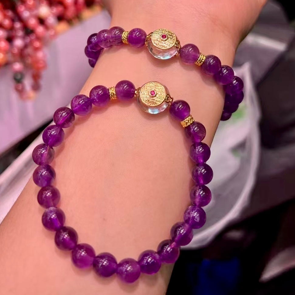 8Mm+ Natural Amethyst And Clear Quartz Charm Bracelet – Handcrafted Gemstone Jewelry
