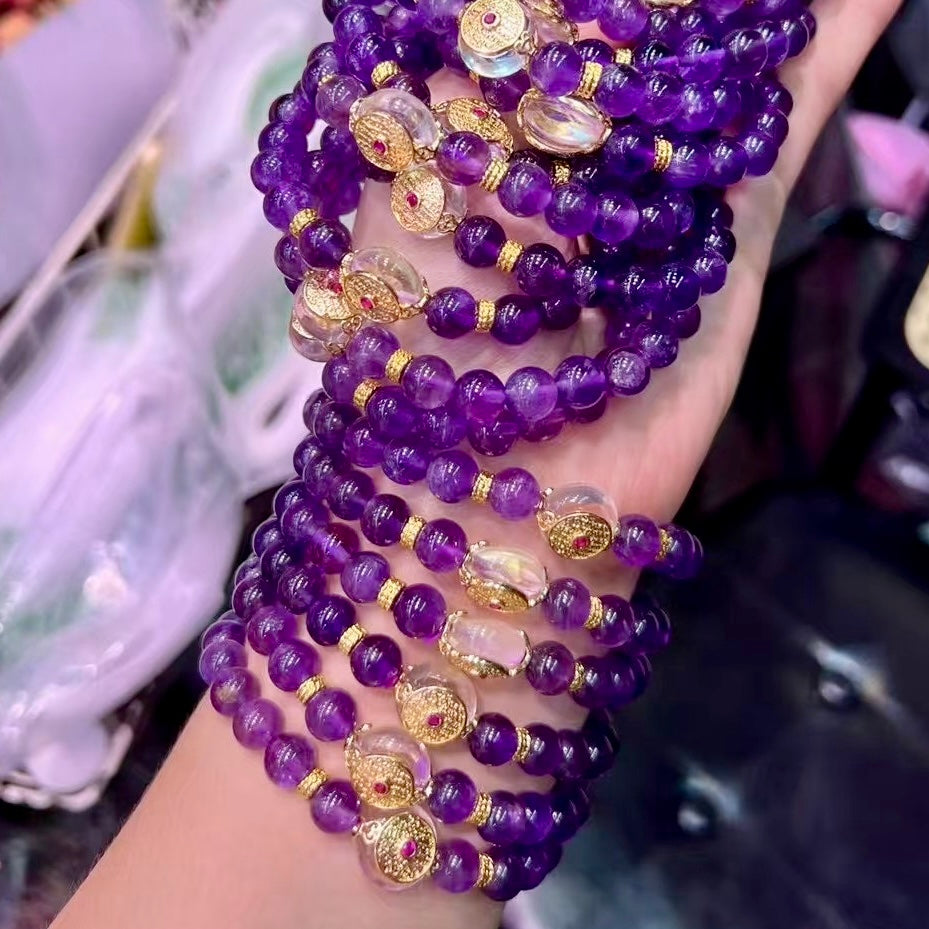 8Mm+ Natural Amethyst And Clear Quartz Charm Bracelet – Handcrafted Gemstone Jewelry