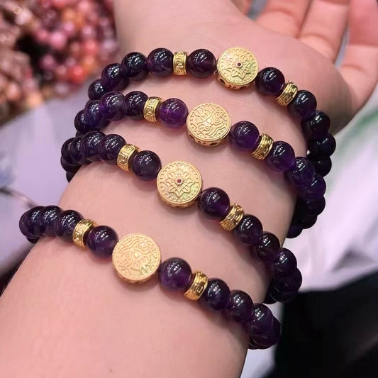 8Mm+ Natural Uruguay Amethyst Bracelet With 18K Gold-Plated Copper Charm – Handmade Healing Jewelry