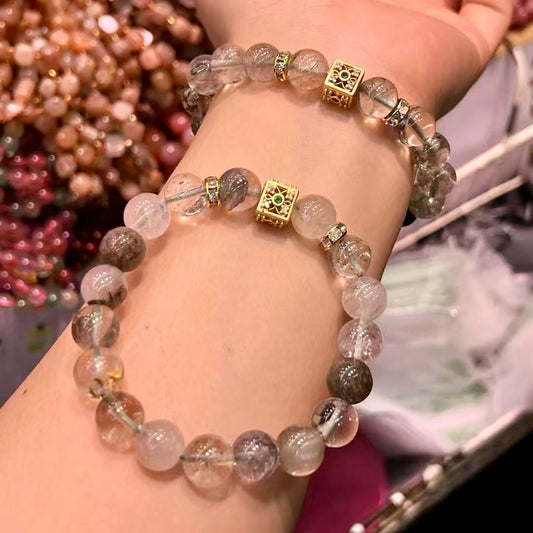 10Mm+ Natural Phantom Quartz Bracelet With 18K Gold-Plated Copper Accents