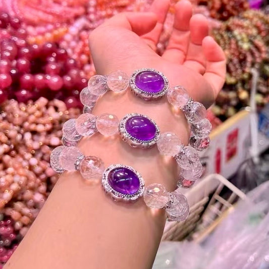 12Mm+ Faceted Clear Quartz Bracelet With Amethyst Pandora Box Charm – Spiritual Healing Jewelry