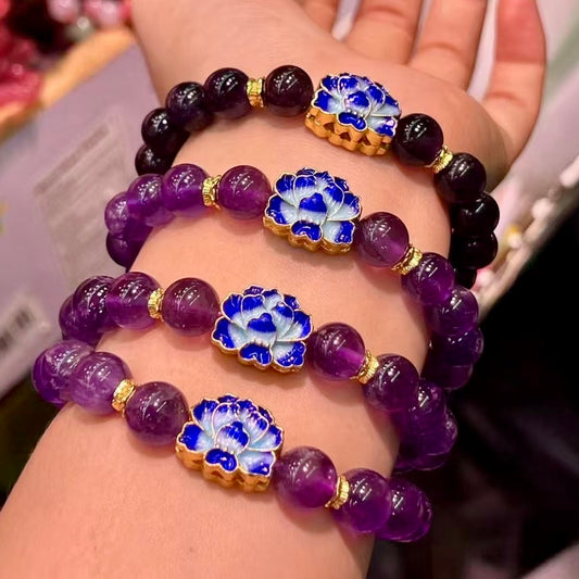 10Mm+ Natural Amethyst Bracelet, Lotus Charm With Enamel Firing – Luxury Healing Stone Jewelry