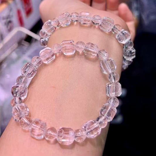 Handmade 9.5Mm Square Bead Natural White Crystal Bracelet – Minimalist Geometric Design