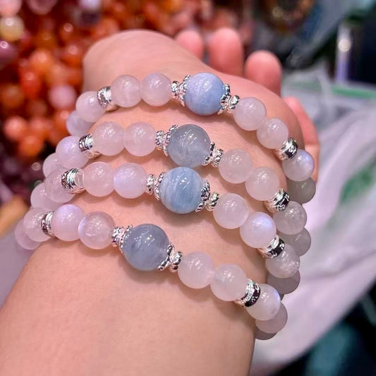 8Mm+ Natural White Moonstone And 10Mm Aquamarine Bracelet For Emotional Balance And Spiritual Growth