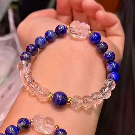 8Mm+ Natural Lapis Lazuli Bracelet With Clear Quartz Pixiu For Protection And Spiritual Growth