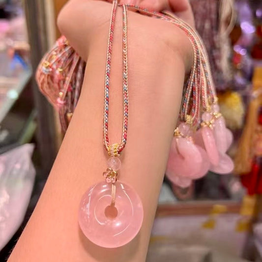 30Mm Natural Rose Quartz Donut Pendant Necklace For Love, Healing, And Emotional Balance