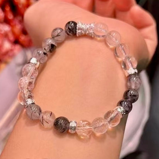 8Mm+ Natural Clear Quartz Black Tourmalated Quartz Bracelet – Crystal Jewelry For Protection And Balance