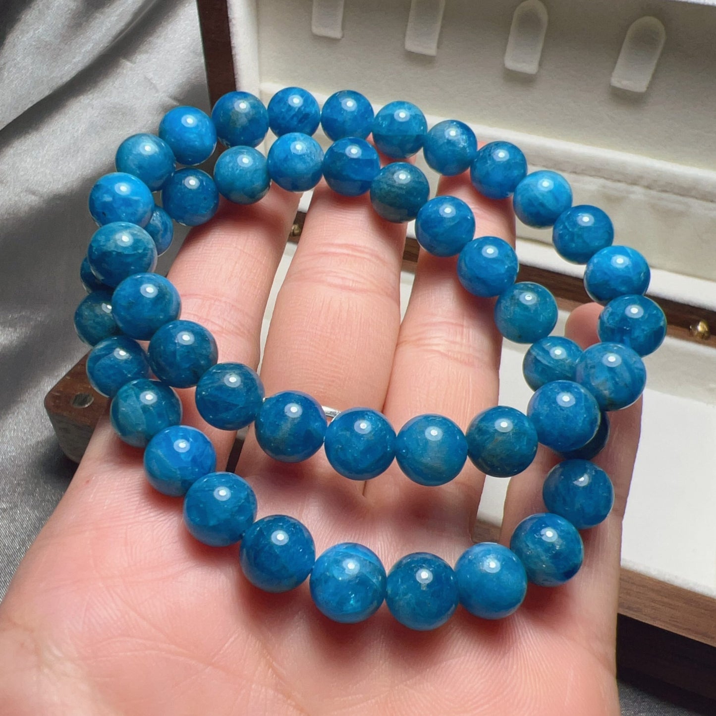 Blue Apatite Healing Stone Bracelet | 8.6Mm Round Beads For Throat And Third Eye Chakra Healing Jewelry