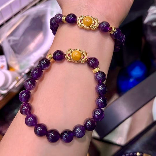 8Mm+ Natural Uruguay Amethyst Bracelet With Amber, 18K Gold-Plated Copper
