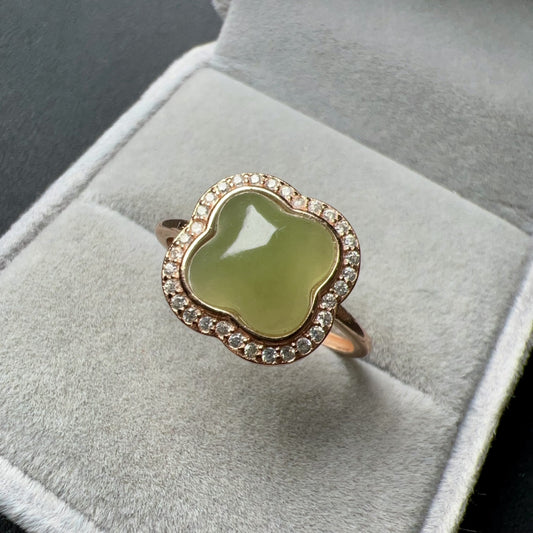 Genuine Nephrite Jade Ring | Handmade Lucky Four Leaf Clover Design In 18K Rose Gold Plated 925 Sterling Silver
