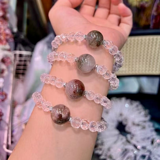 Faceted Clear Quartz Bracelet With Large Bead Phantom Quartz – Natural Crystal Healing Jewelry