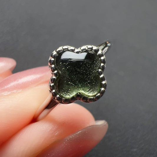 Lucky Charm Moldavite Clover Ring | 925 Sterling Silver Jewelry | Energy Healing Gift