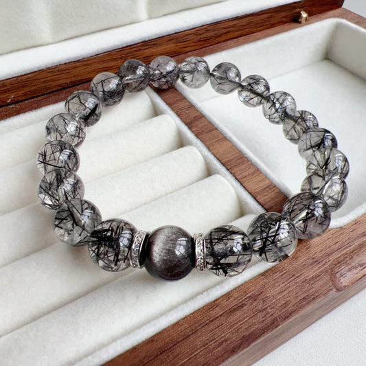 Custom Black Tourmalated Quartz, Silver Sheen Obsidian Bracelet – Handmade Healing Crystal Jewelry