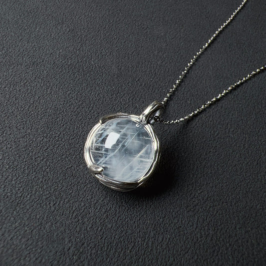 Angel’S Feathers Rare 13.1Mm Blue Needle Clear Quartz Sphere Pendant Handmade With 925 Sterling Silver