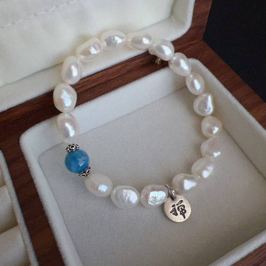 Handmade Irregular Shape Freshwater Pearl And Aquamarine Bracelet | 925 Sterling Silver Zen Pendant | Stress Relief And Emotional Balance Jewelry