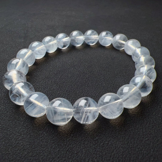 Angel’S Feathers Blue Needle Clear Quartz Bracelet | 9.3Mm Beads | High Vibration Frequency Crown Chakra Healing