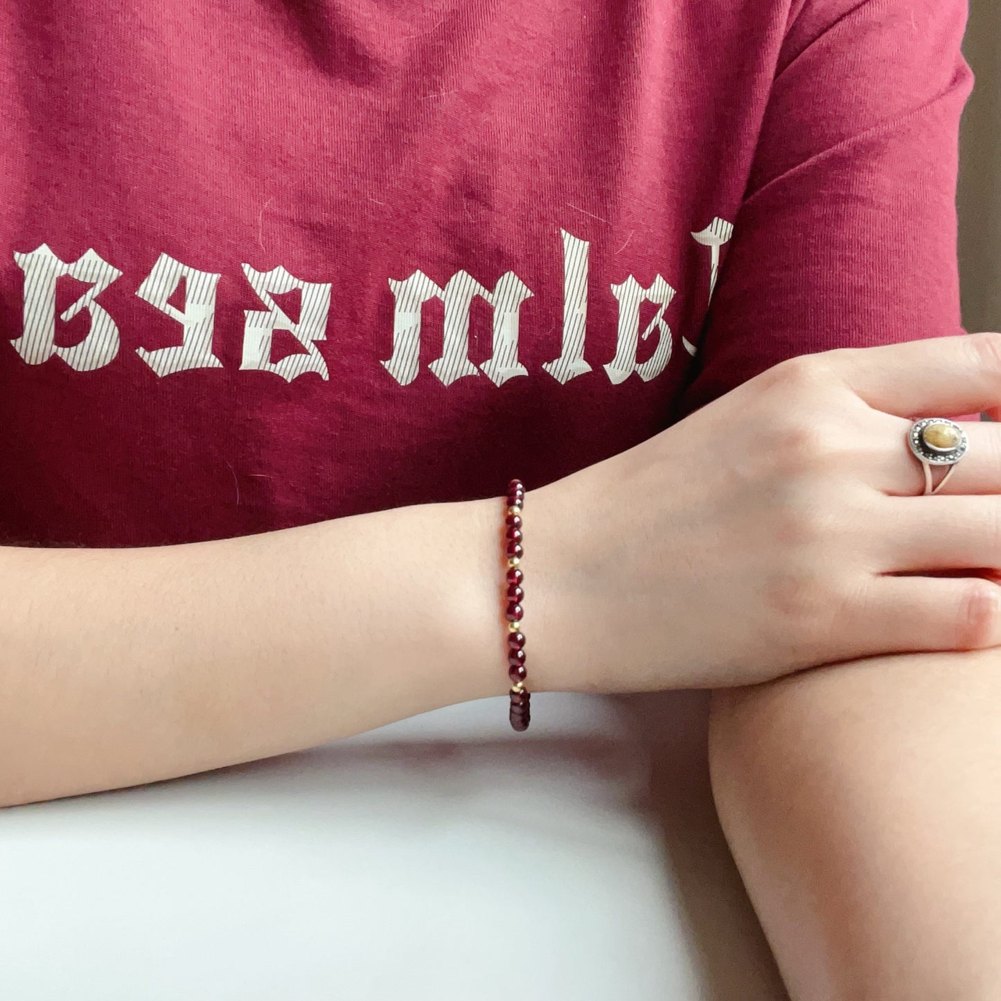 2025 Lucky Bracelet Red Garnet With 18K Yellow Gold | Grounding Healing Crystal