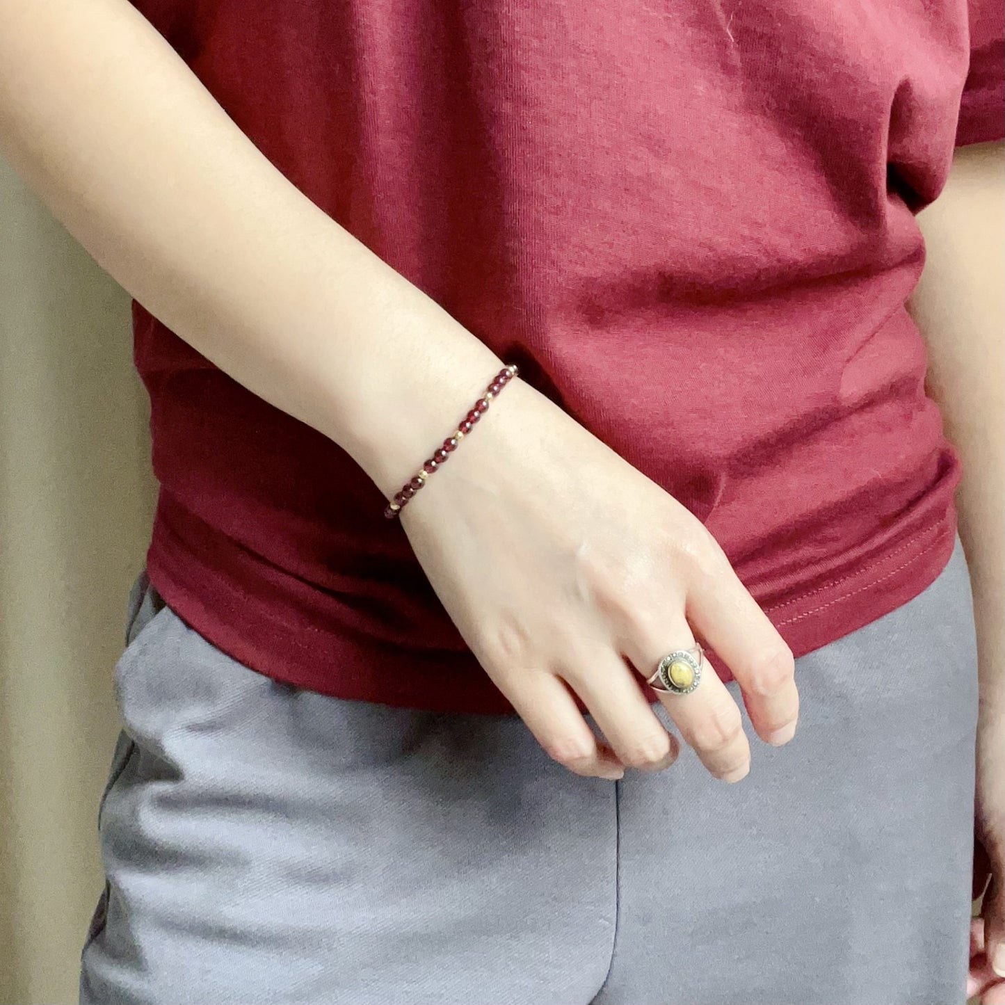2025 Lucky Bracelet Red Garnet With 18K Yellow Gold | Grounding Healing Crystal