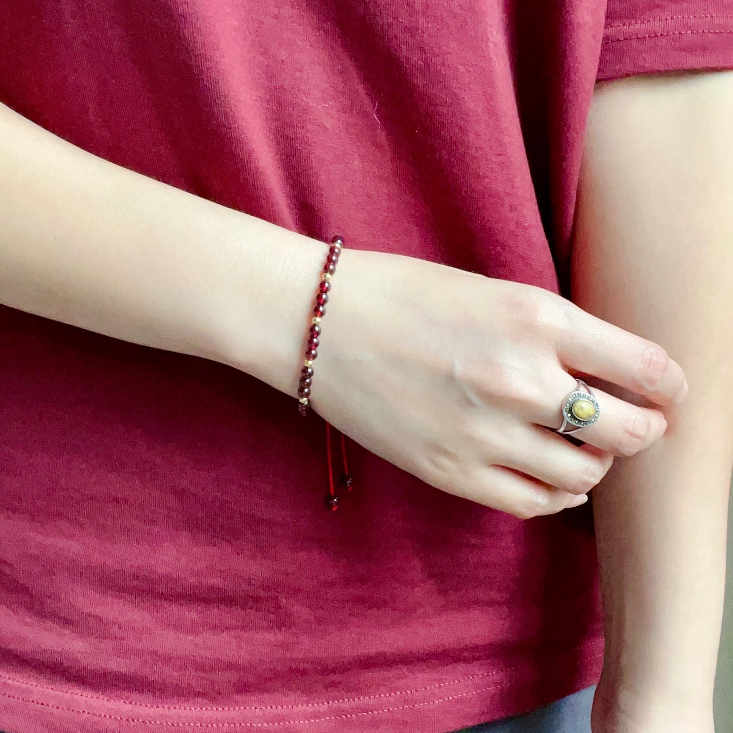 2025 Lucky Bracelet Red Garnet With 18K Yellow Gold | Grounding Healing Crystal