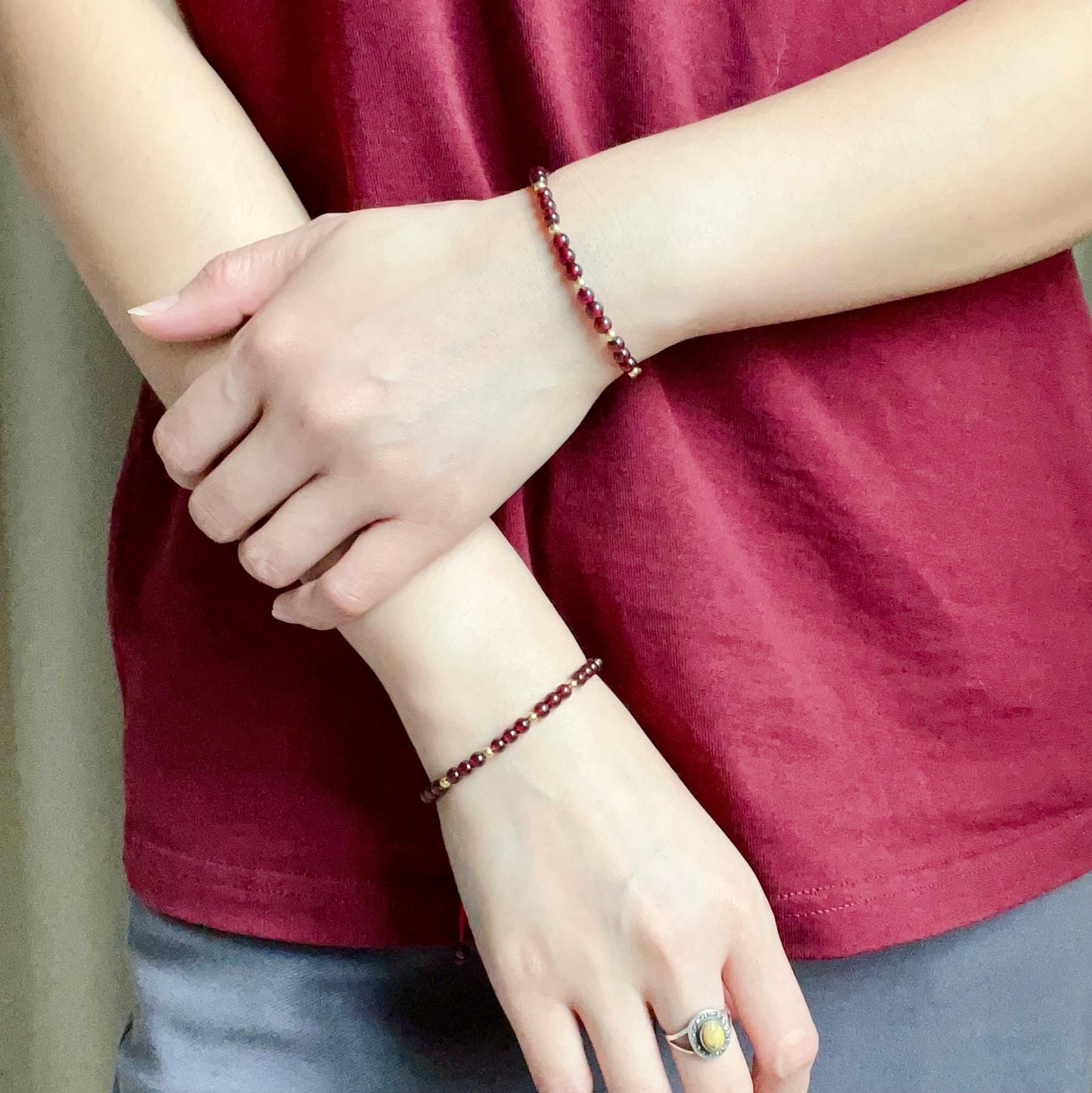 2025 Lucky Bracelet Red Garnet With 18K Yellow Gold | Grounding Healing Crystal