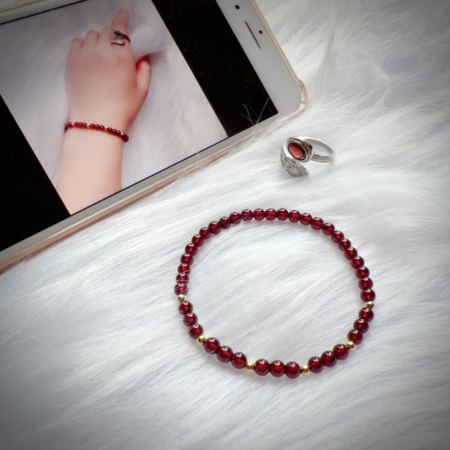 2025 Lucky Bracelet Red Garnet With 18K Yellow Gold | Grounding Healing Crystal
